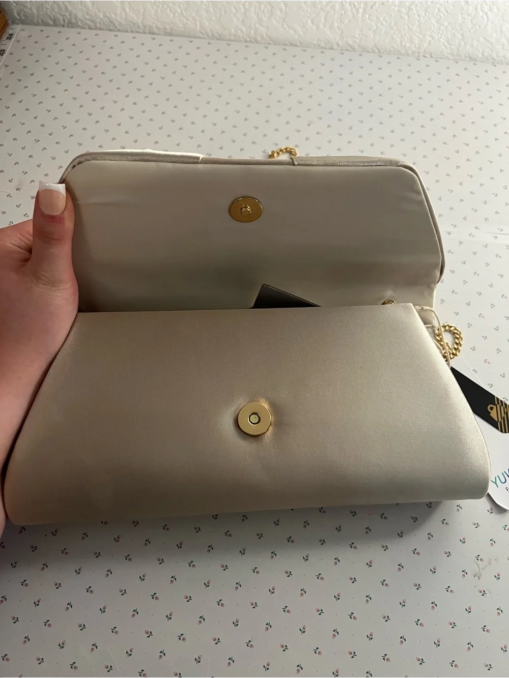 Satin Bow Clutch with Gold Chain Strap - NWT
